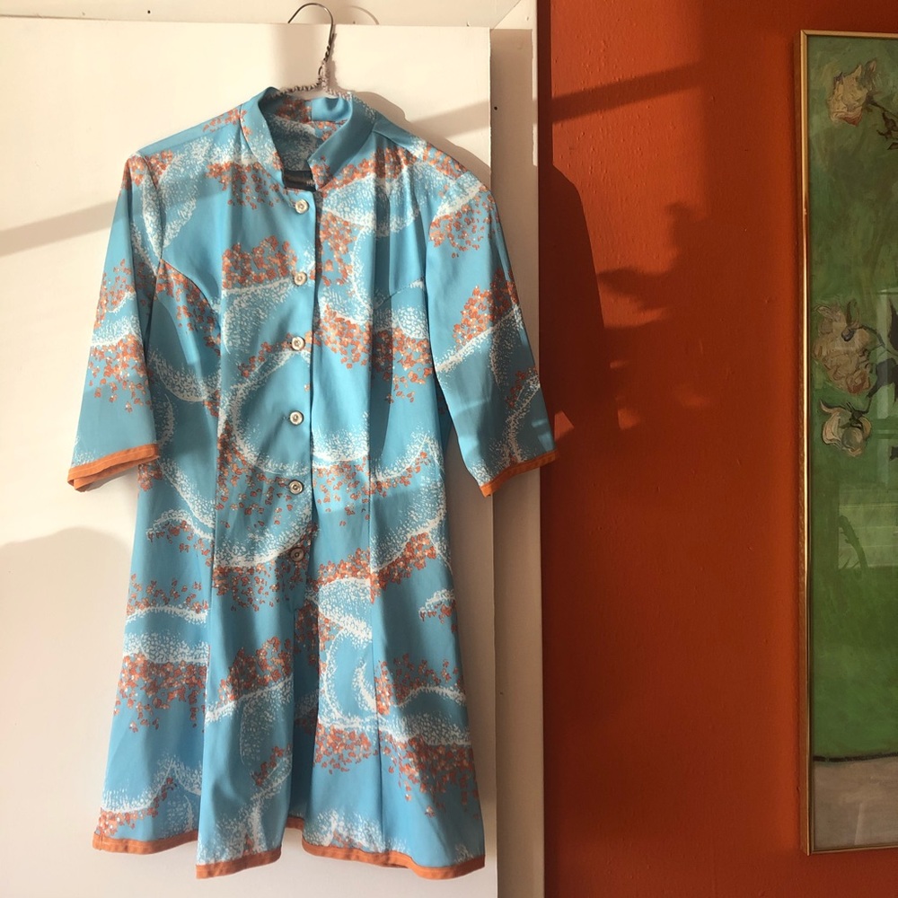 1970s Blue and Orange Floral Mini Dress